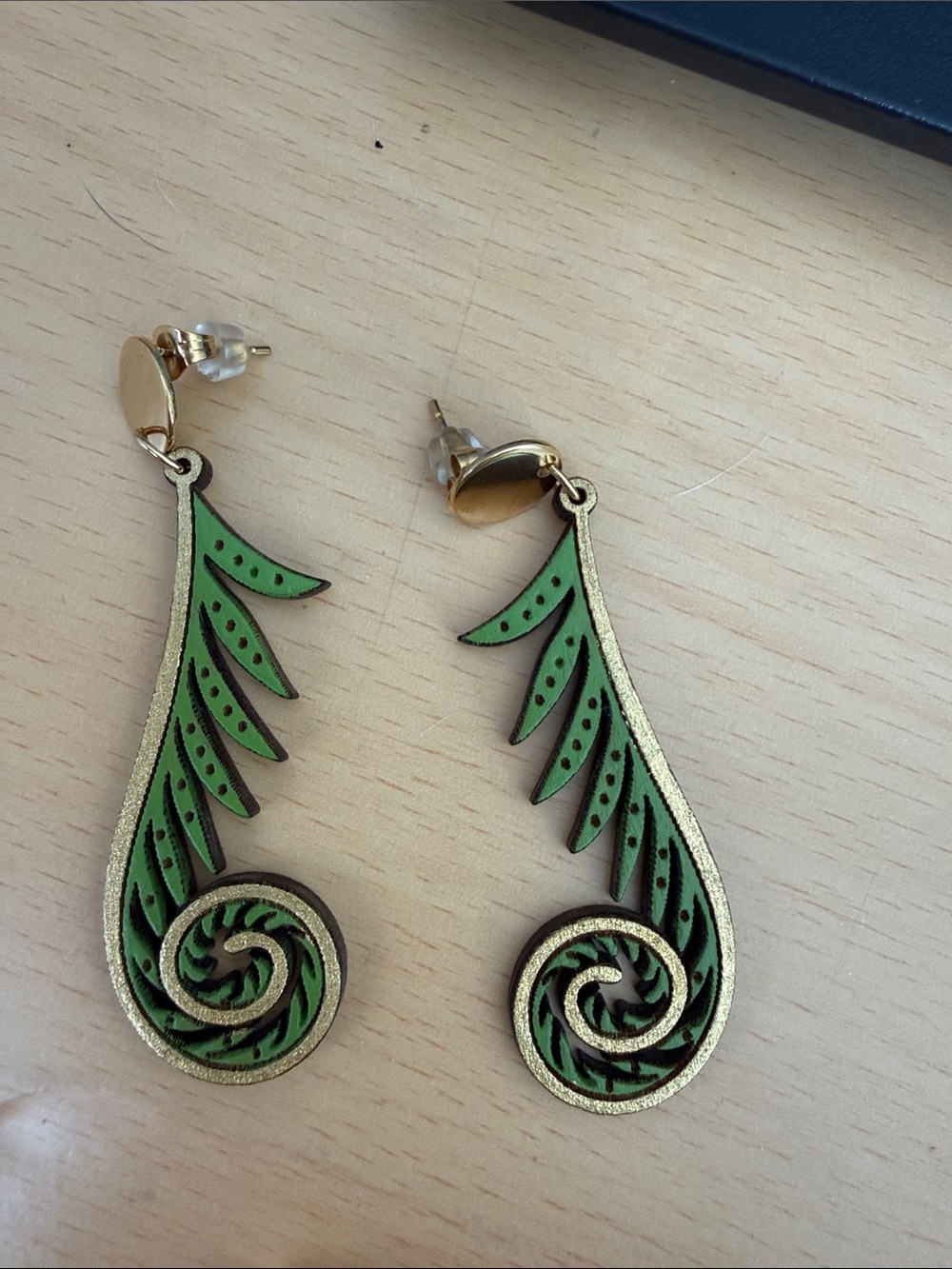 Gold & Green Leaf Spiral Drop Earrings - Women Jewelry
